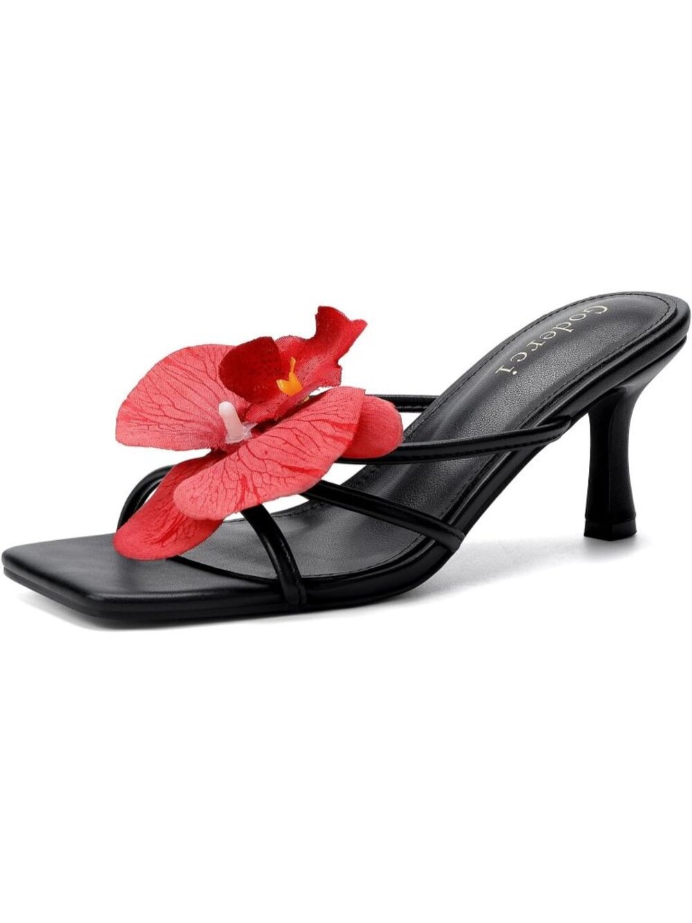 Goderci Women's Black Rubber Floral Square Open Toe Mid Slip On Mule Heels